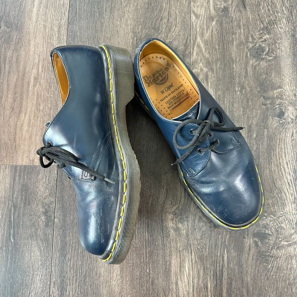 Vintage 90s Dr. Martens Oxford Shoes England 1461 Navy Leather 3-Eye Size US 8.5